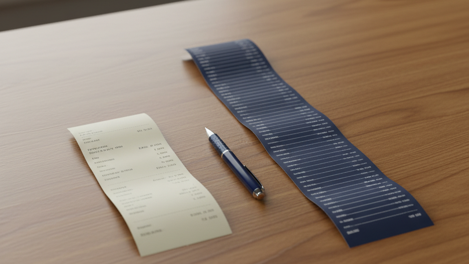 Two paper receipts of different lengths on a wooden desk, representing transparent versus hidden hosting pricing