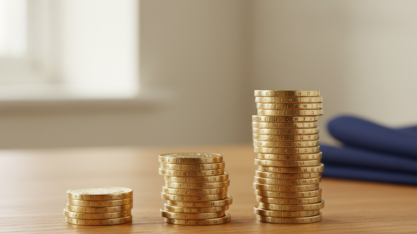 Three stacks of pound coins of different heights on a wooden desk representing hosting price tiers