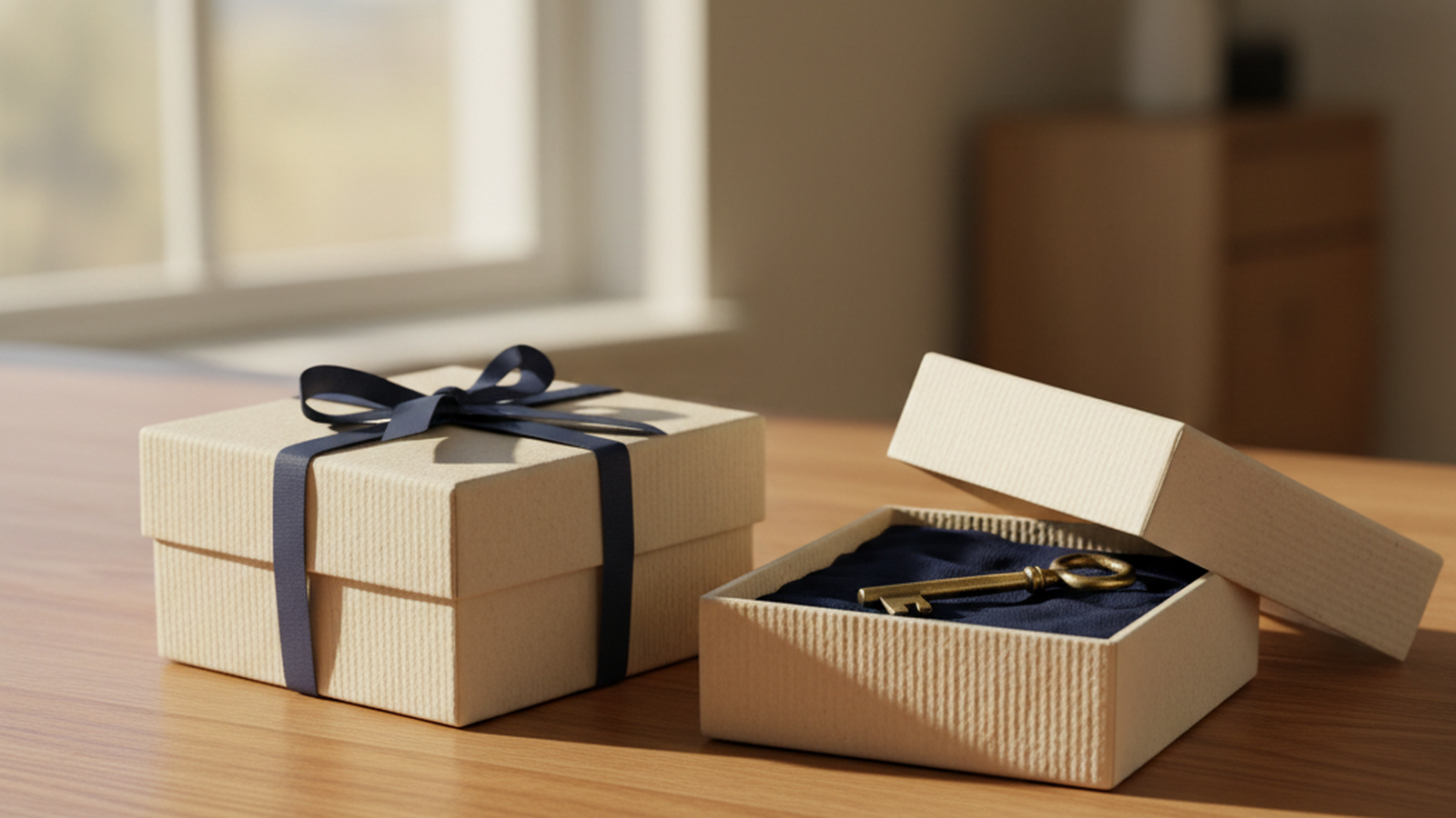 Two matching cardboard boxes and a small key on a wooden desk representing a domain transfer