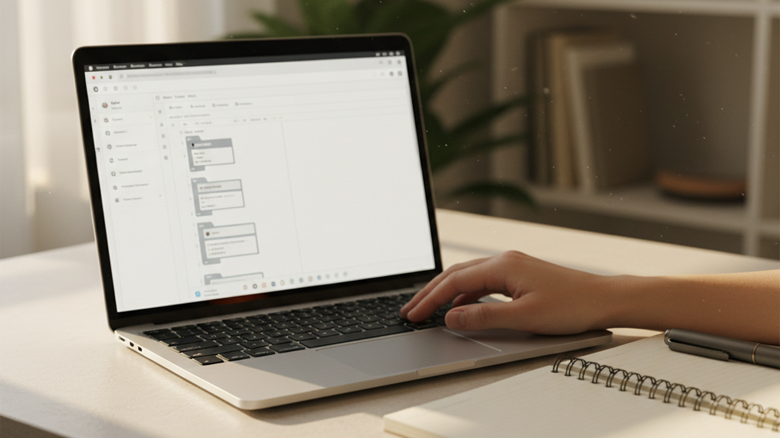 Hand on a laptop trackpad while using the WordPress editor on a calm morning desk