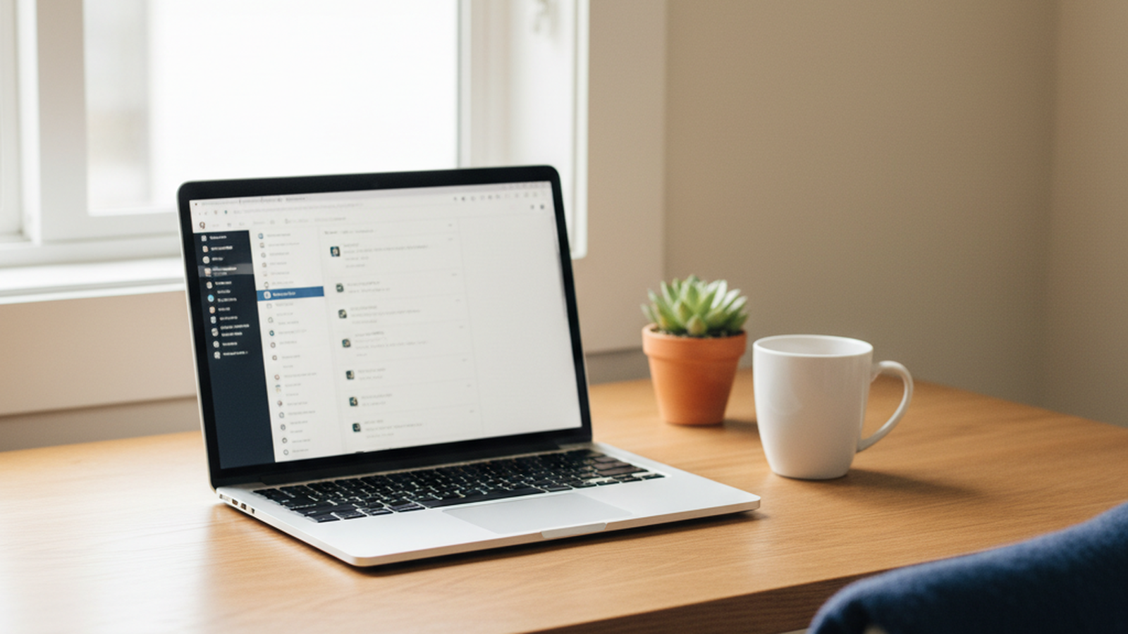 WordPress admin dashboard open on a laptop on a warm wooden desk