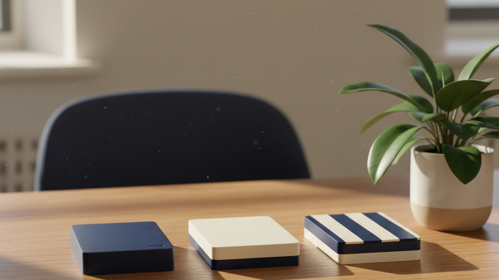 Three external hard drives in a row on a wooden desk representing layered WordPress backups